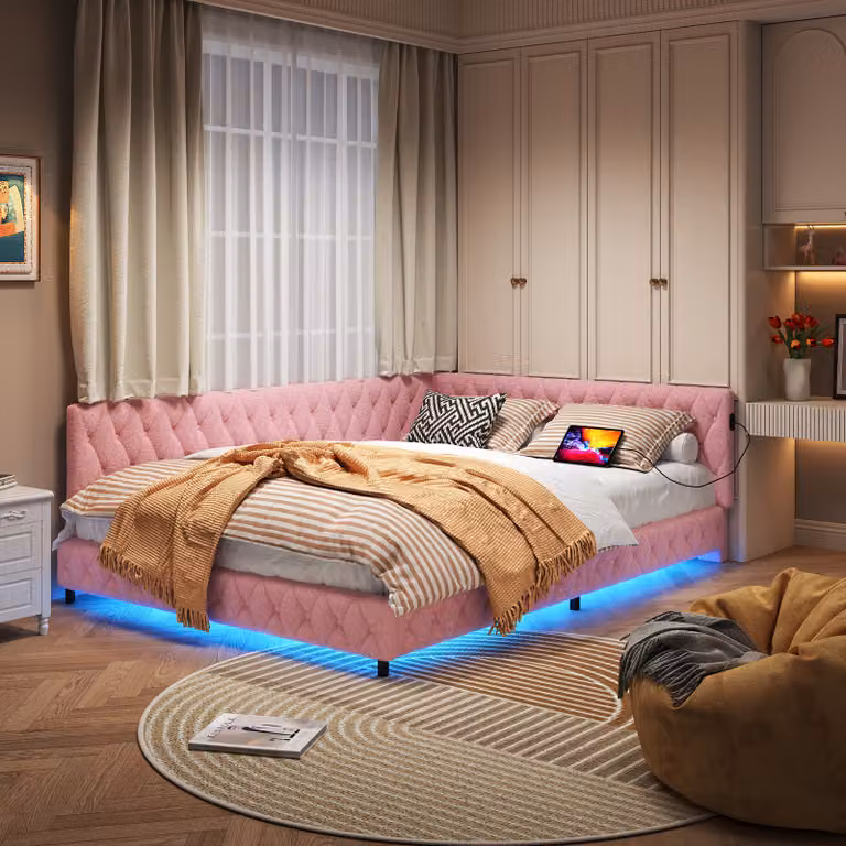 Letto imbottito ProximaX, divano letto, letto multifunzionale con ricarica USB, con luce intorno alla parte inferiore del letto, rete a doghe in velluto di peluche delicato sulla pelle (140 x 200 cm, rosa)