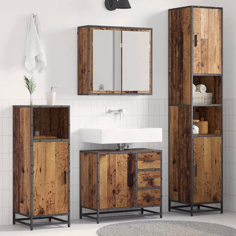 Set di mobili per il bagno vidaXL in stile minimalista composto da 3 pezzi in legno e metallo colore marrone con armadietto a specchio, mobile lavabo e colonna alta