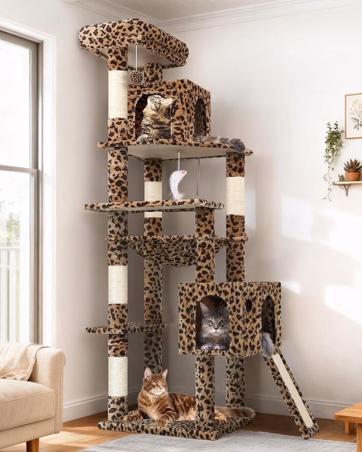 Albero per gatti Kratzbaum, motivo leopardo, altezza 178 cm, con amaca, 2 grandi rifugi per gatti, rivestito in sisal, adatto a gatti di grossa taglia