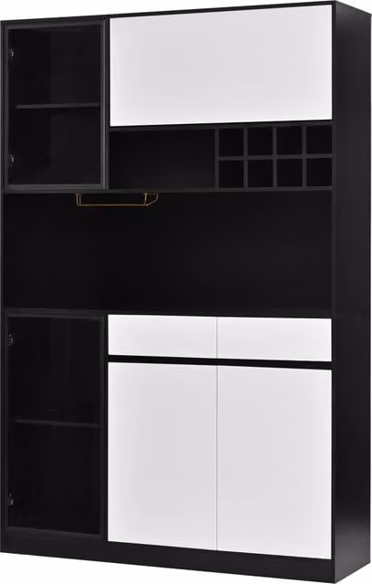 Credenza alta con LED e vetrina, ripiani aperti, vani chiusi e portabottiglie per soggiorno e sala da pranzo, in MDF, nero e bianco, 120 × 35 × 180 cm