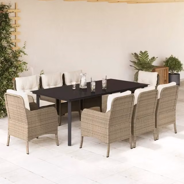 Set da pranzo da giardino vidaXL in polyrattan con cuscini beige e piano in vetro, 9 pezzi – 1