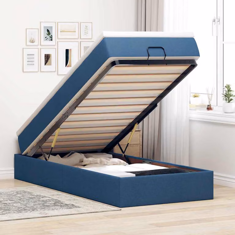 vidaXL Struttura Letto con Pouf e Materasso in Tessuto Blu e Bianco, L/P/H: 90 x 190 x 23,5 cm
