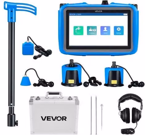 VEVOR Rilevatore di Perdite d'Acqua con 4 Sensori, Localizzatore di Perdite Idrauliche Sotterranee 1Hz-10000Hz con Touchscreen, 3 Aste di Ascolto, Cuffie e Custodia, Colore Blu