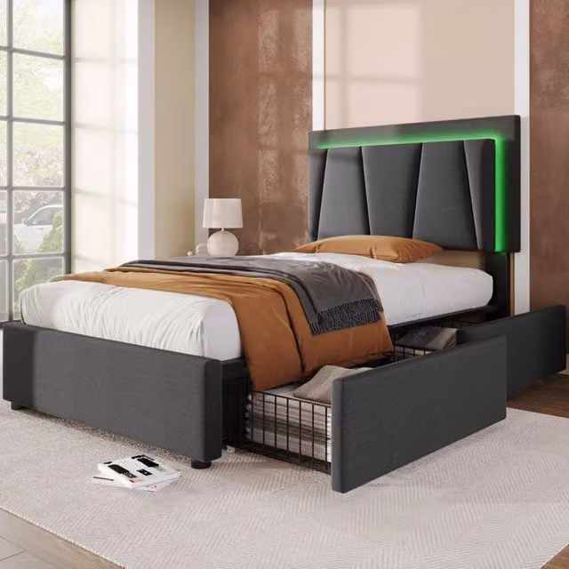 Letto singolo REDOM grigio con struttura imbottita in tessuto, illuminazione LED sottostante e cassetti, L/P/H: 90 x 200 x 32,4 cm