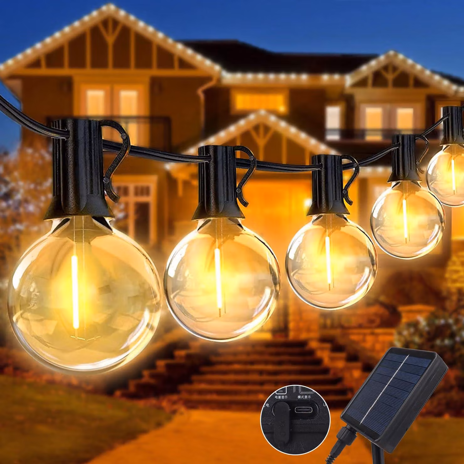 Catena luminosa solare, 12 metri, 20 LED, grado di protezione IP65, 8 modalità, luce bianco caldo