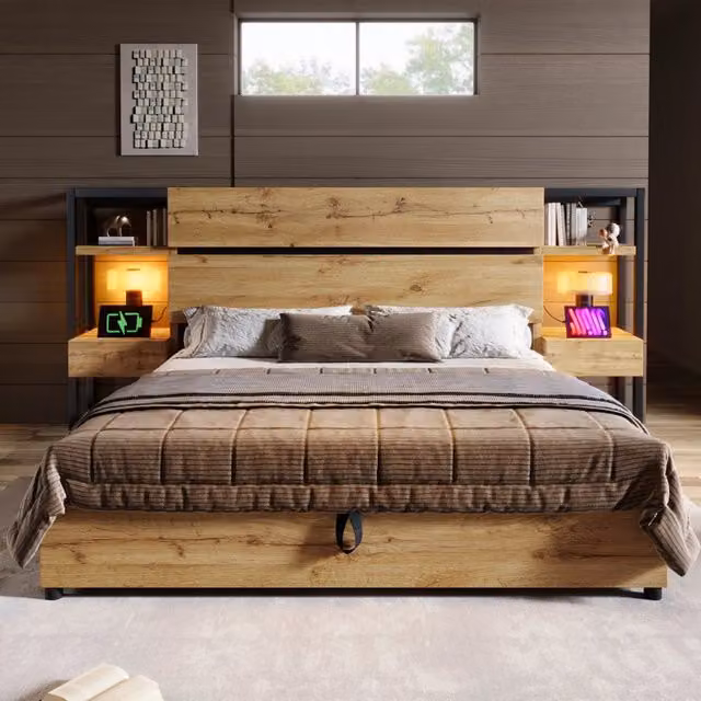Letto matrimoniale 180x200 cm con contenitore; testiera con cassetti; USB e Type-C; finitura rovere
