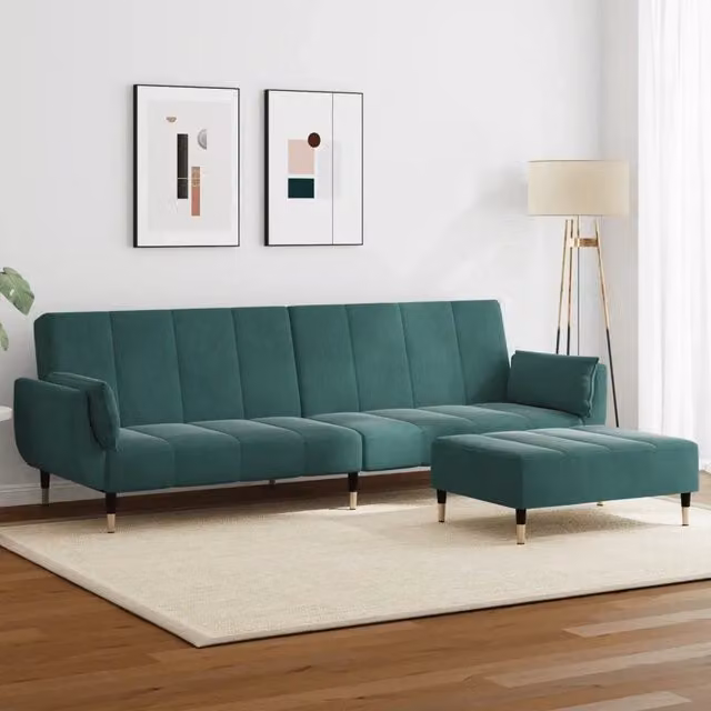 Divano Letto a 2 Posti con Poggiapiedi Verde Scuro in Velluto 3258153