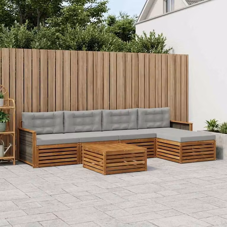 Set di divani da esterno vidaXL a forma di L composto da 6 pezzi con tavolino e pouf in legno di acacia trattato, colori beige e grigio chiaro