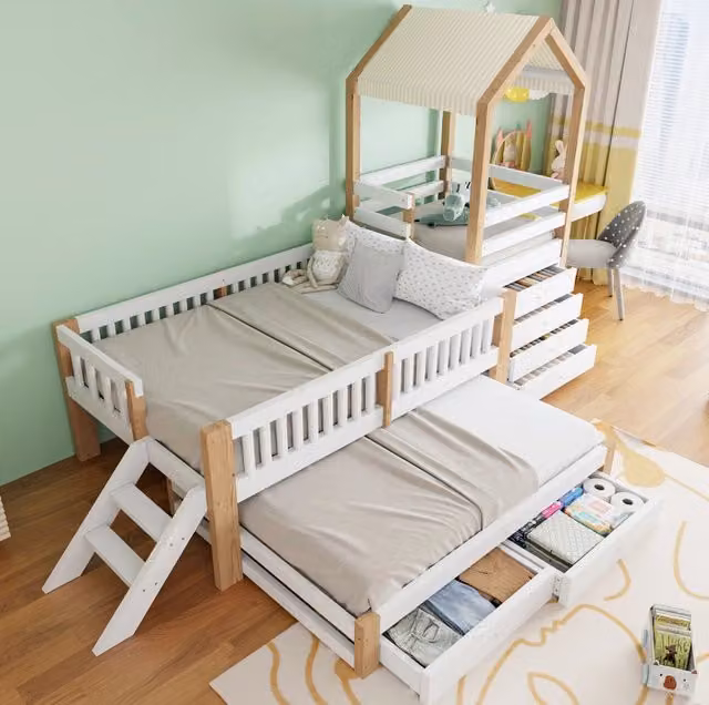 Letto a castello per bambini 90x200 cm con letto estraibile 90x190 cm, struttura in legno massiccio, scaletta laterale e cassettiera a quattro cassetti, bianco e rovere naturale