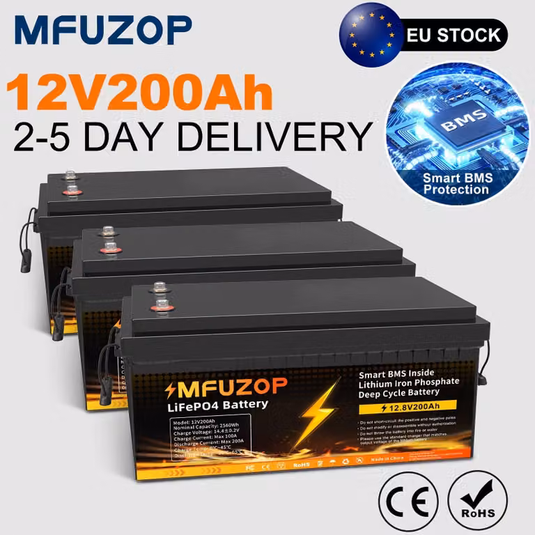 Batteria agli ioni di litio LiFePO4 da 12V e 200Ah, con una capacità di 2560Wh e un sistema di gestione della batteria (BMS) integrato da 200A, ideale per sistemi off-grid