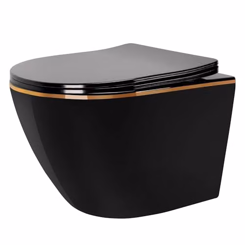 Rea Vaso WC sospeso CARLO Mini Rimless Duroplast Flat Black Gold Edge Sanitari Bagno in Ceramica Sedile in Duroplast (Nero opaco)