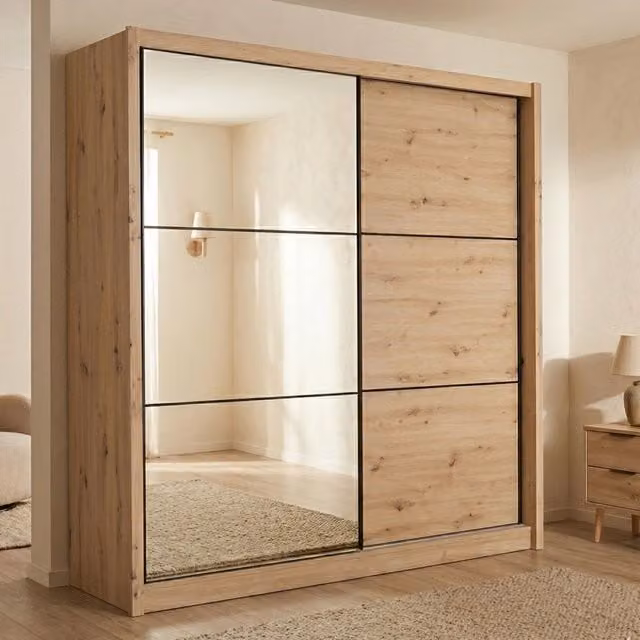 Armadio da camera da letto Pelago DMORA con ante scorrevoli e specchio, Marrone Rovere Nodi, L: 213 cm, H: 215.5 cm