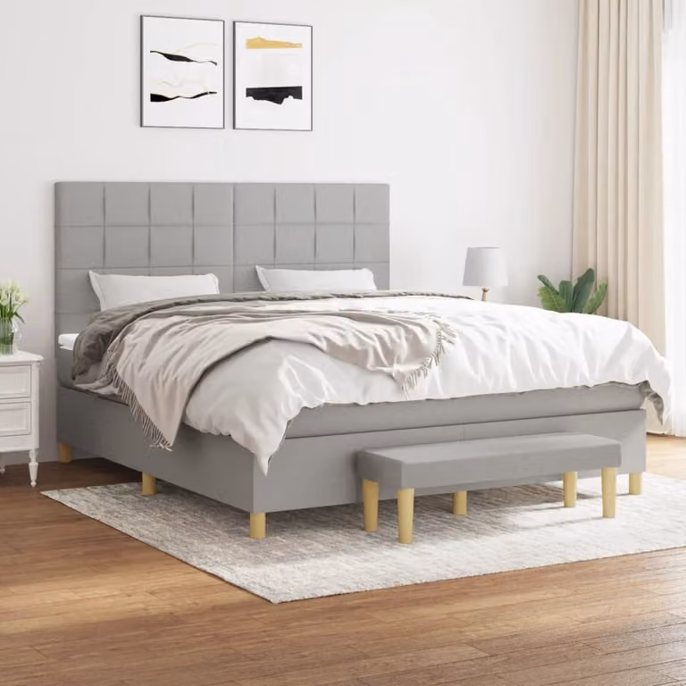 vidaXL Giroletto a Molle Ibrido con Materasso in Tessuto Grigio e Bianco L: 180 cm, P: 200 cm, H: 128 cm