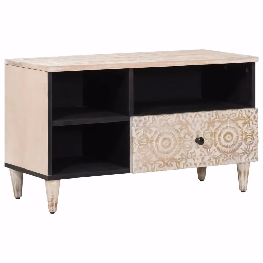 Mobile TV moderno in legno di mango massello bianco L: 80 cm, P: 33,5 cm, H: 46 cm – 2