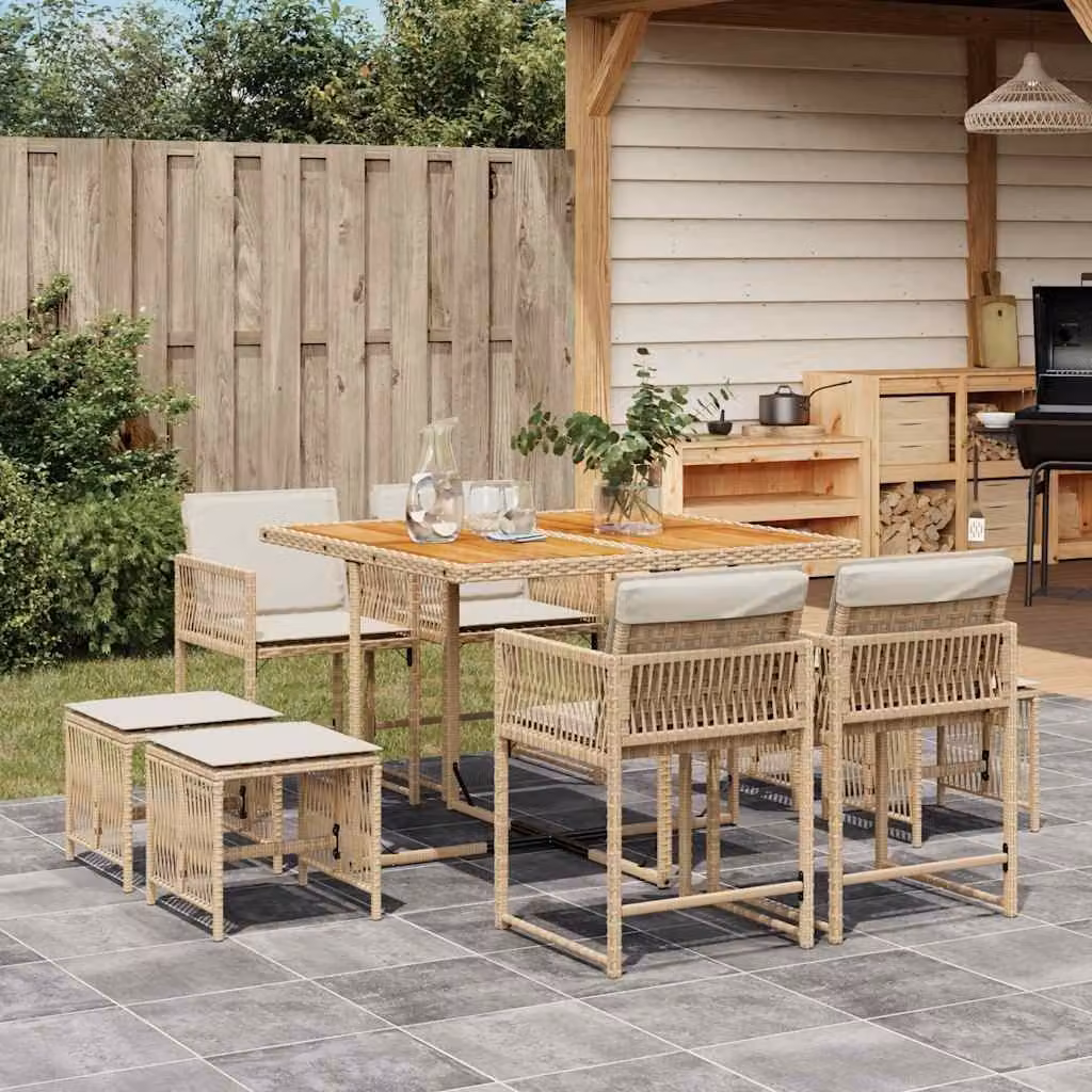 Set da pranzo da giardino vidaXL in polyrattan con cuscini beige e legno di acacia, 9 pezzi – 1