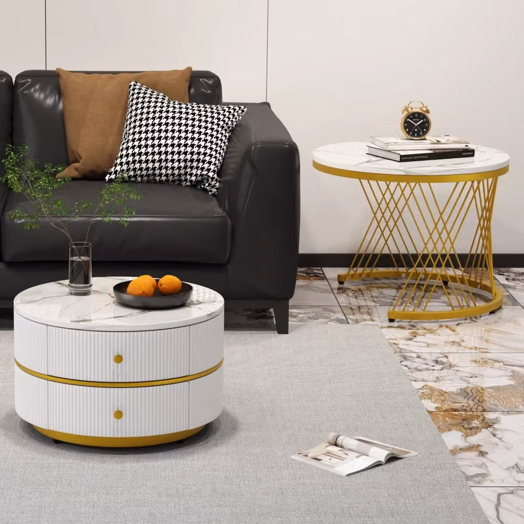 Set di 2 tavolini da caffè rotondi bianchi WISHDOR con effetto marmo lucido e design moderno per il tuo soggiorno – 2