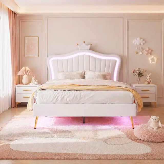 Letto per Bambini imbottito 140x200 cm con struttura in PU bianco e LED, con rete a doghe e testiera regolabile