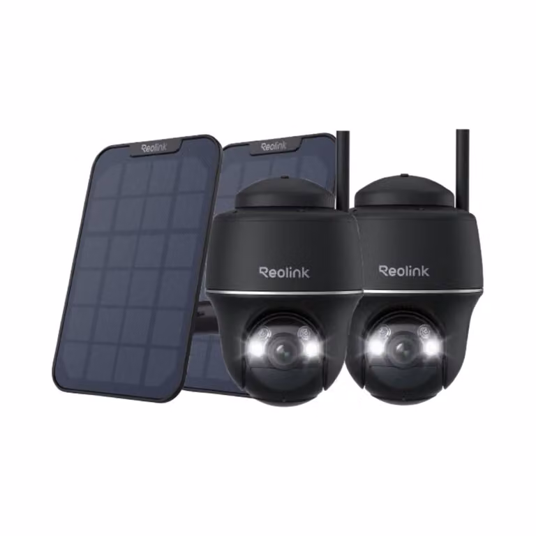 Reolink Argus PT+Pannello solare, telecamera di sorveglianza a batteria PTZ 2K+ 5MP per esterni 2,4/5GHz WiFi, rilevamento persone/veicoli, audio bidirezionale, nero, 2 pack