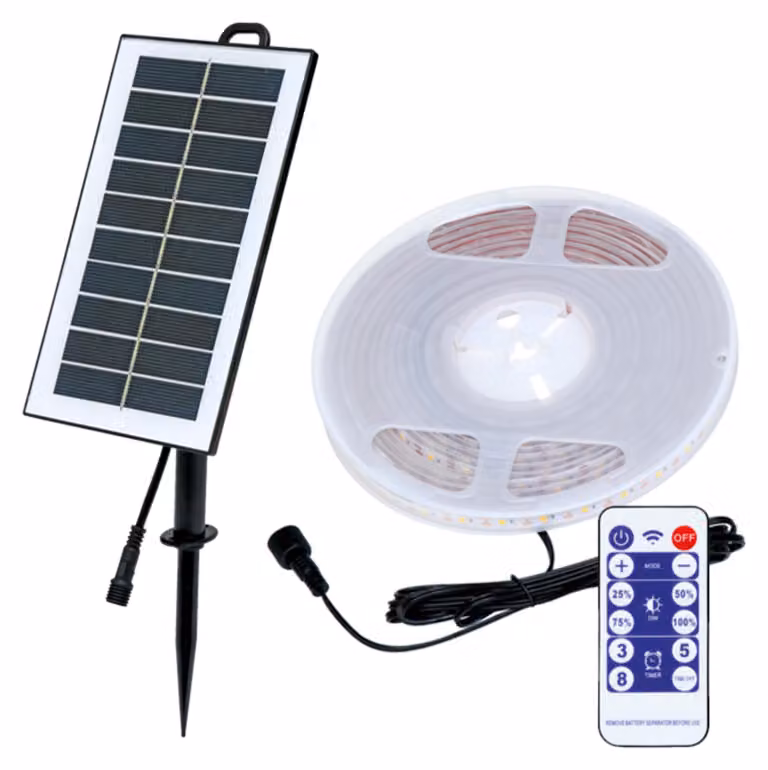 Striscia LED solare Ecolite da 5 m, pannello da 4,5 V, batteria da 3,7 V/2400 mAh, grado di protezione IP65, modello DX-SOLAR-3000/5M