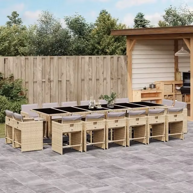 Set Pranzo da Giardino vidaXL in Polyrattan con Cuscini e Tavolo in Vetro, 17 Pezzi, Colore Beige, Nero e Grigio