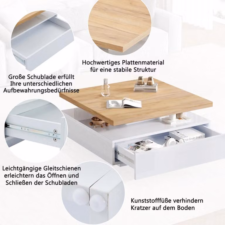 Tavolino quadrato multifunzionale - Rotazione a 360° - Finitura lucida - 2 ripiani - Spazio contenitivo - Pannello di particelle di legno - Bianco