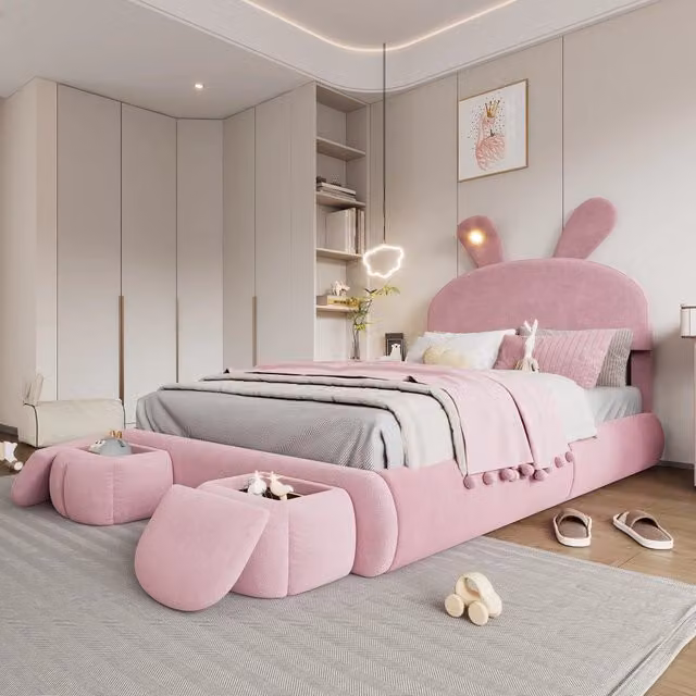 Letto contenitore matrimoniale OKWISH in velluto rosa con illuminazione LED e 2 pouf, L/P/H: 140 x 200 x 50,5 cm