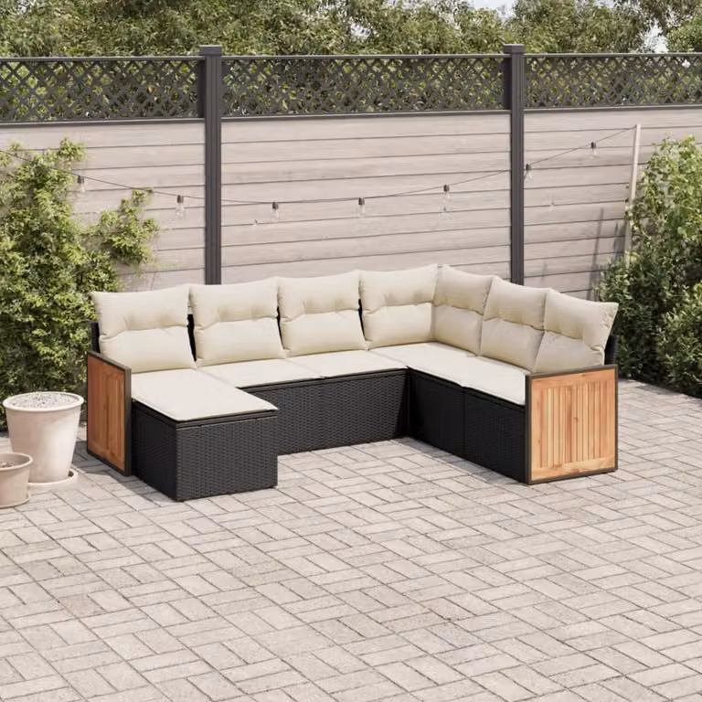 vidaXL Set Divano da Giardino a L con 7 Pezzi in Polyrattan Nero e Cuscini Imbottiti