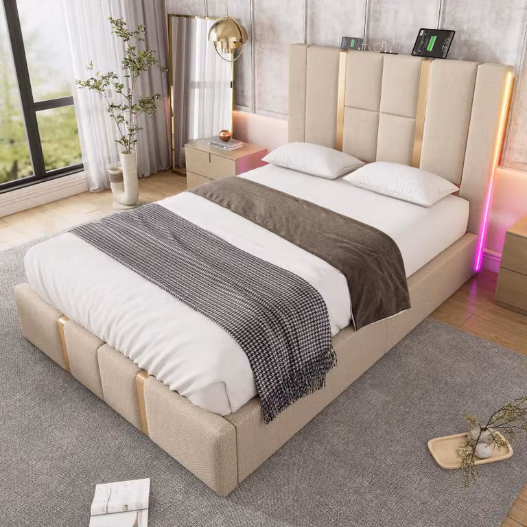 Letto imbottito idraulico Flieks 90x200cm con USB e tipo C, letto a molle insacchettate con LED, letto singolo per ragazzi con rete a doghe, lino, beige