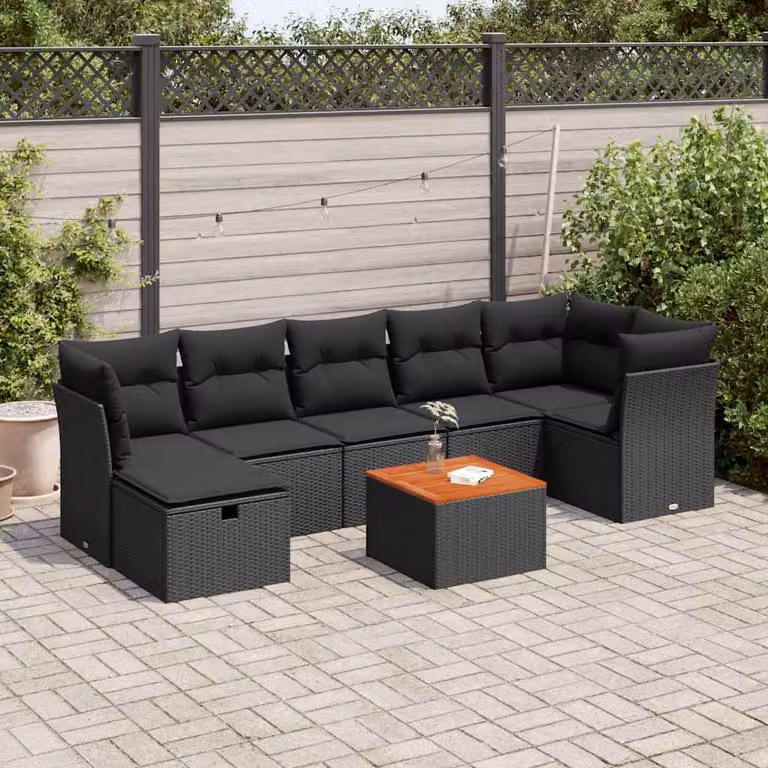 Set Divano da Giardino a L vidaXL in Polyrattan con Cuscini e Tavolino, 8 Pezzi, Nero e Marrone