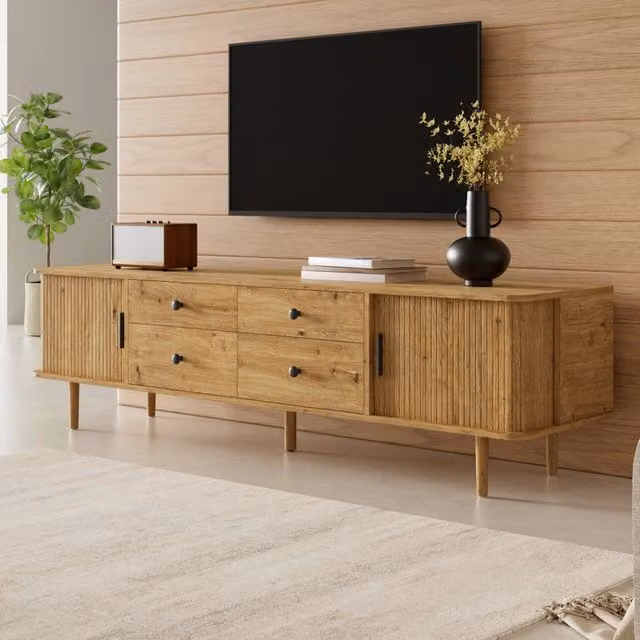 Mobile TV 165x40x46 cm con 4 cassetti e 2 ante scorrevoli in MDF naturale