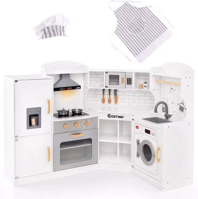 Set da cucina in legno per 4 bambini con effetti sonori e luminosi, design moderno in bianco, L/P/H: 42 x 29,5 x 94 cm