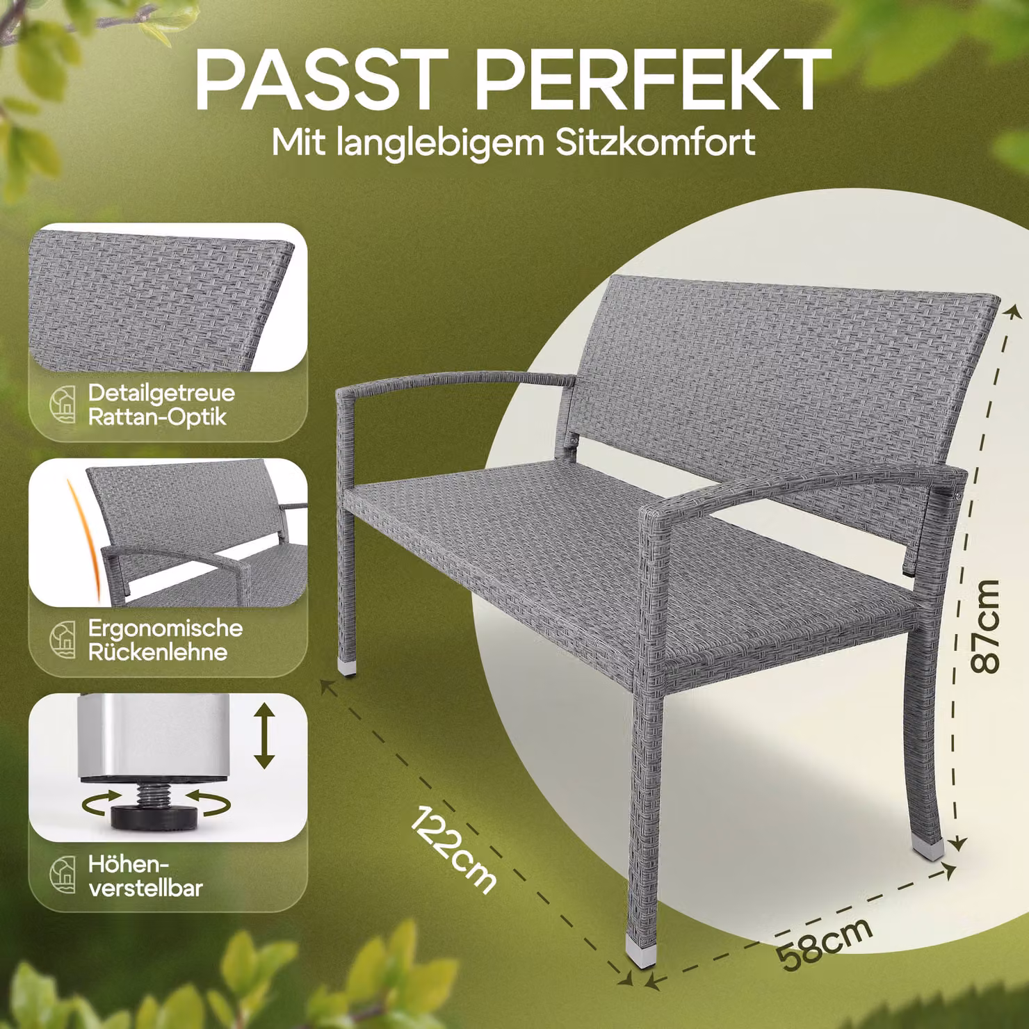 Panchina da giardino moderna Casaria in polyrattan grigio con braccioli L/P/H: 122 x 90 x 55 cm – 3