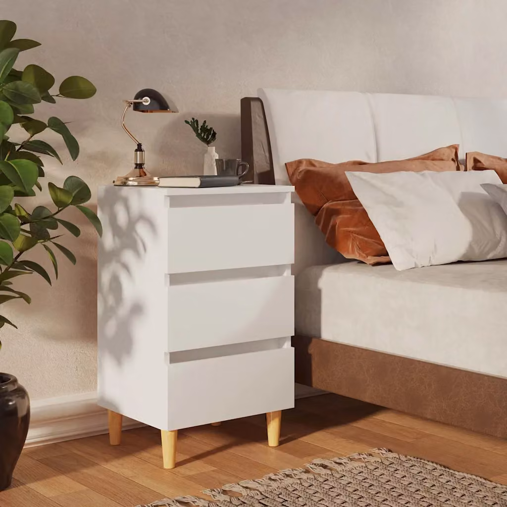 Comodino vidaXL in stile scandinavo bianco con gambe in legno massello L: 40 cm, P: 35 cm, H: 69 cm