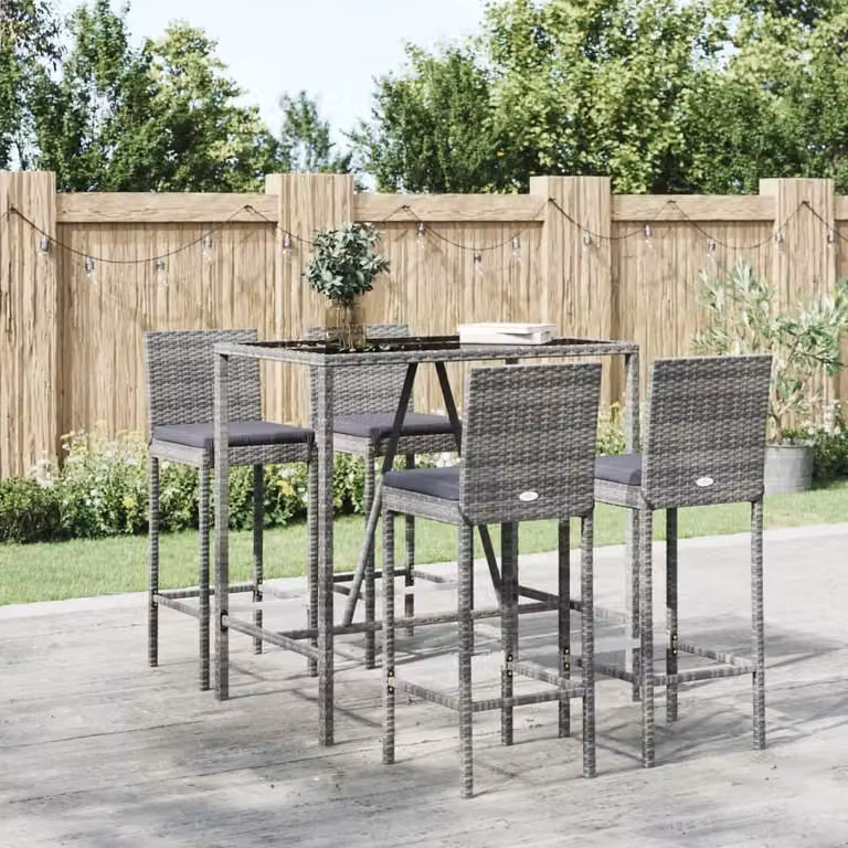 Set Bar da Giardino vidaXL in Polyrattan e Metallo con Cuscini, 5 Pezzi, Grigio e Nero