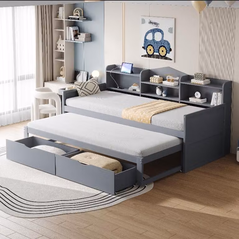Divano letto 90x200 cm con letto estraibile 90x190 cm, presa USB, 2 cassetti, vano contenitore e cesto portaoggetti, struttura in legno, colore grigio