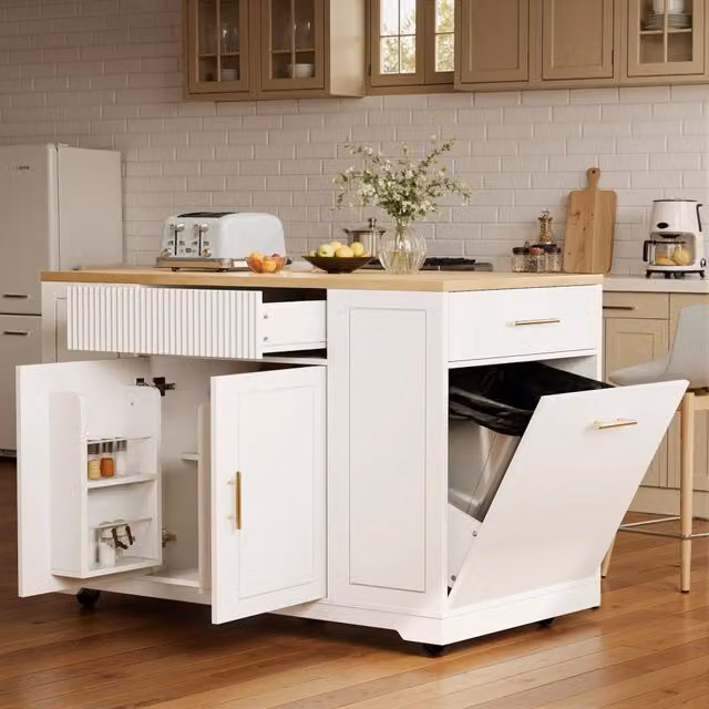 Carrello da cucina con vano pattumiera, 2 ante, 3 cassetti e 5 ruote con freno, per cucina, MDF bianco, 120 × 50 × 92 cm