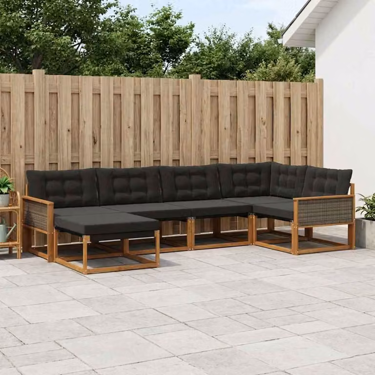 Set di divani da esterno vidaXL a forma di L composto da 6 pezzi in legno di acacia con cuscini inclusi, colore marrone e nero