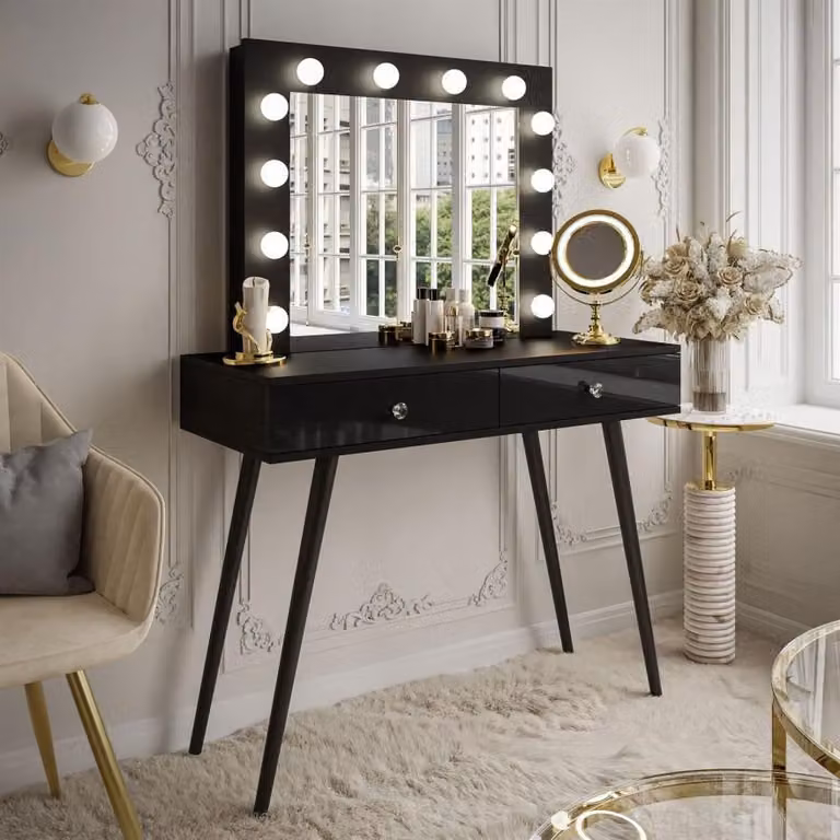 Tavolo da trucco SIENNA LOFT con cassetti, nero / nero lucido, maniglia in cristallo