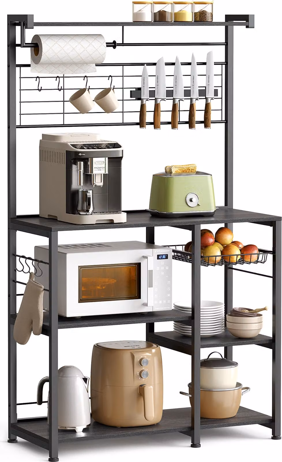 Scaffale da cucina VASAGLE, con barra magnetica, cestello in filo metallico e portarotolo