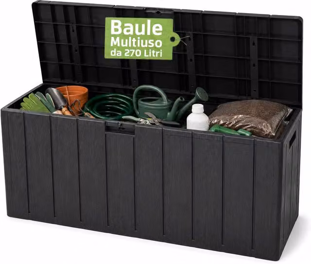 Baule Multiuso Zendea in Resina con Effetto Legno Rustico per Interno ed Esterno, Disponibile in Antracite, Marrone o Nero