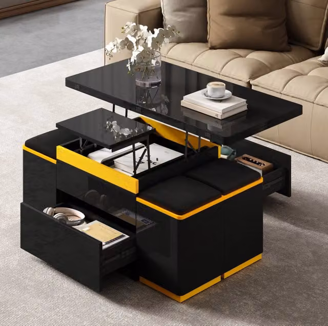 Tavolino trasformabile ULEVR 100x50x43 cm con piano elevabile e apribile, cassetti, vani aperti e 4 sgabelli, nero e giallo