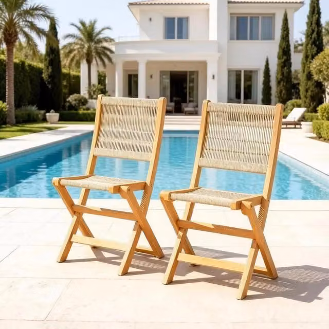 Set di 2 sedie da giardino pieghevoli in acacia e PP; beige e naturale
