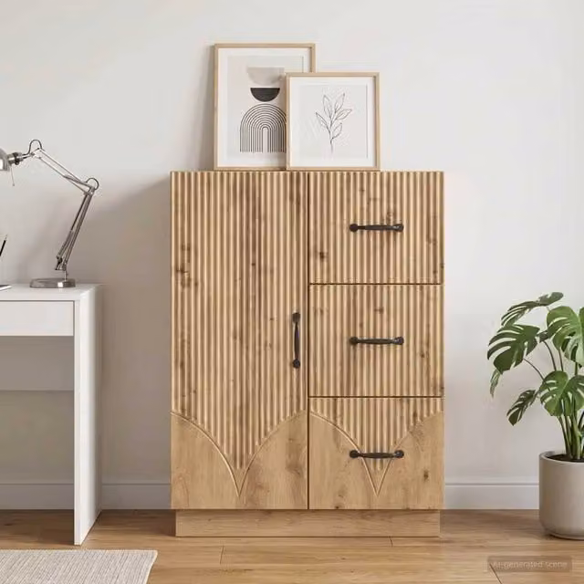 Credenza moderna vidaXL in legno e metallo color rovere, L 66 cm x P 34,5 cm x H 87 cm