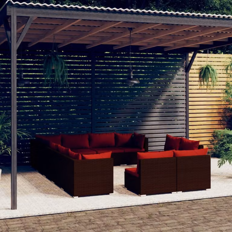 The Living Store Set salotto da giardino 12 pezzi con cuscini in poly rattan marrone