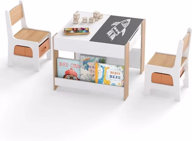 Set tavolo da attività per bambini con piano reversibile e librerie laterali in legno e MDF, colore bianco