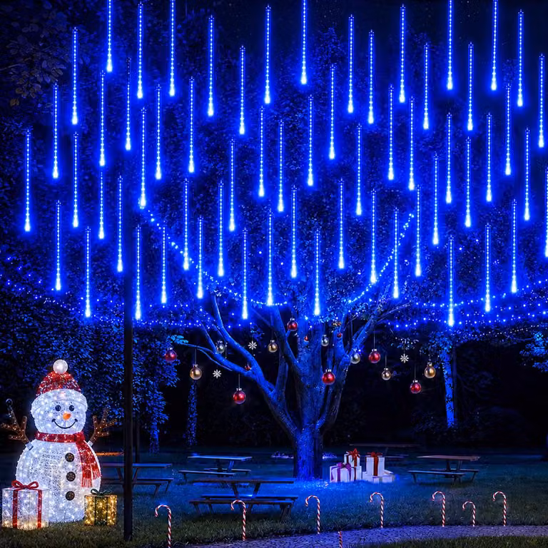 Catena luminosa a LED effetto "pioggia di meteoriti", impermeabile, per uso esterno, ideale per decorazioni natalizie, matrimoni, feste, giardini e alberi. Lunghezza 50 cm, 8 tubi, colore blu