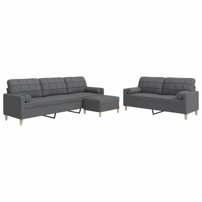Set Divani 3 pz con Poggiapiedi e Cuscini Grigio Scuro Tessuto