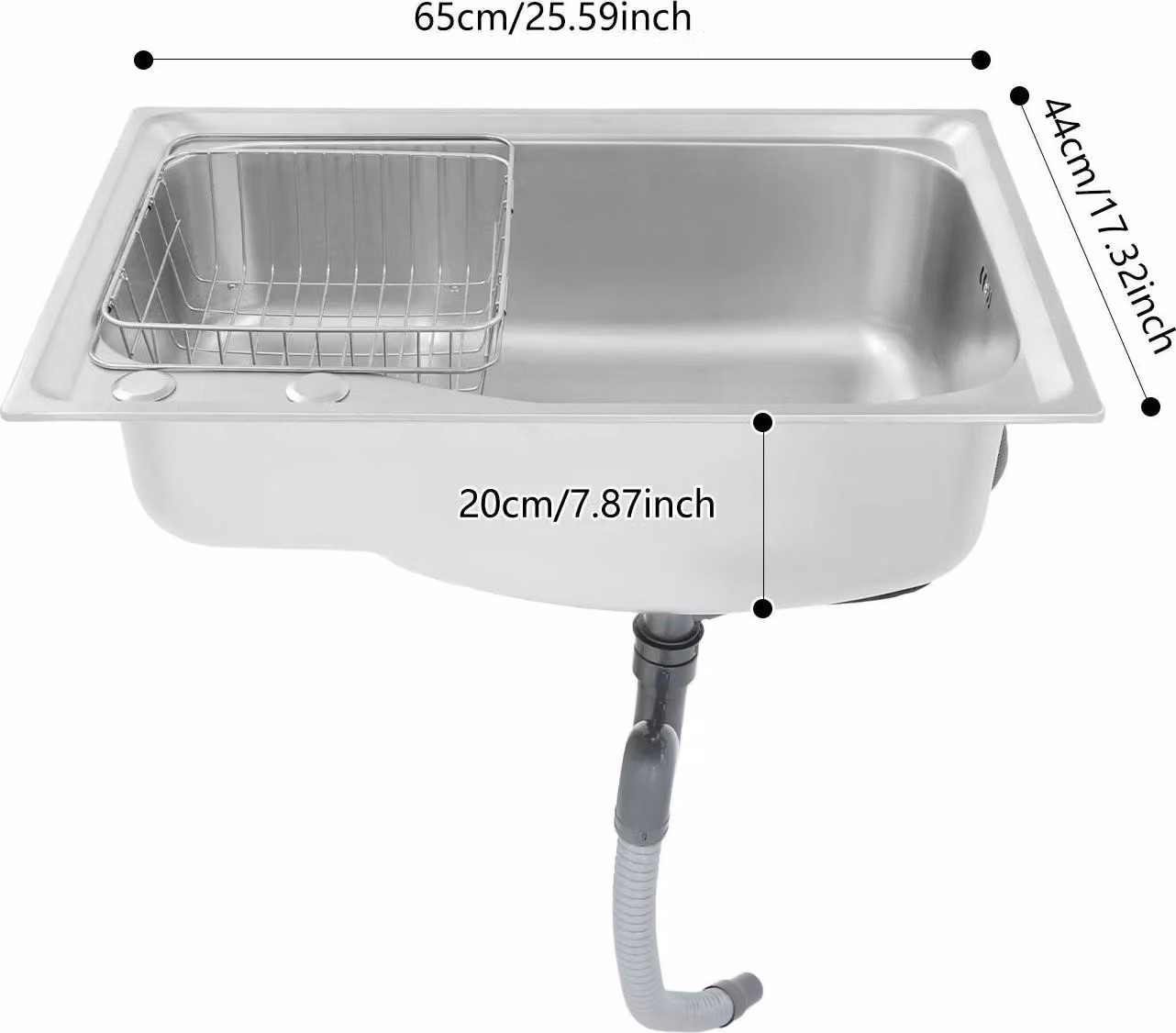 Lavello da cucina - Vasca singola in acciaio inossidabile - Dimensioni 65×44×20 cm - Senza rubinetteria - Da incasso o da appoggio - Cestello scolapiatti e gruppo di scarico