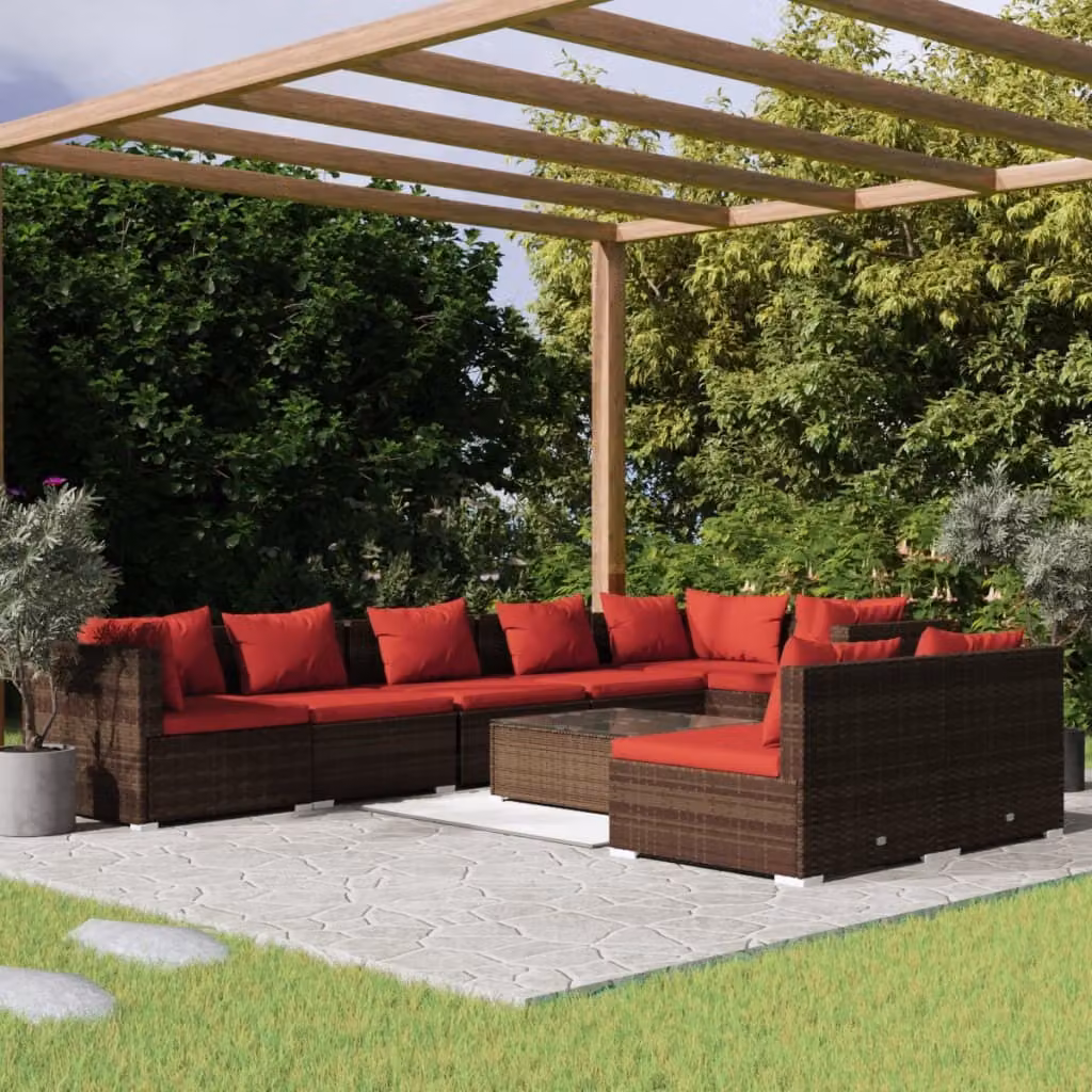 Maison Exclusive - Set da giardino da 9 pezzi con cuscini, in rattan sintetico marrone