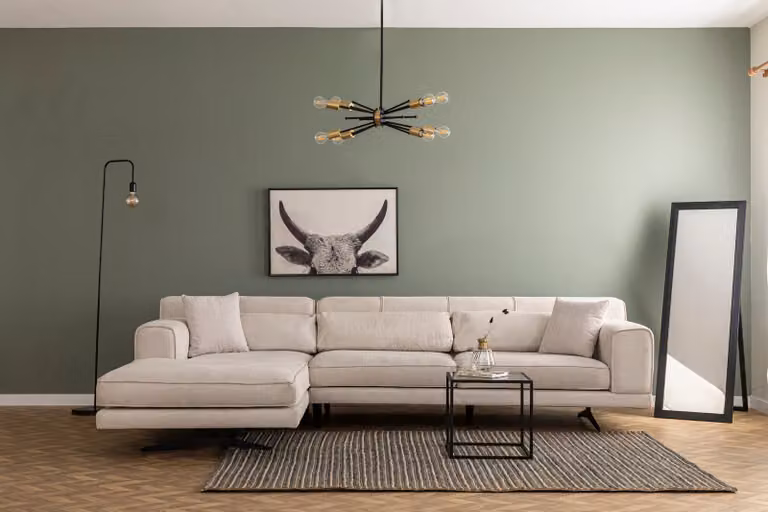 Hanah Home, divano ad angolo beige (198 x 308 cm) in legno di faggio e pannello truciolare, 100% poliestere, portata massima 300 kg, 5 cuscini, lavabile in lavatrice e asciugabile in asciugatrice, design scandinavo moderno.